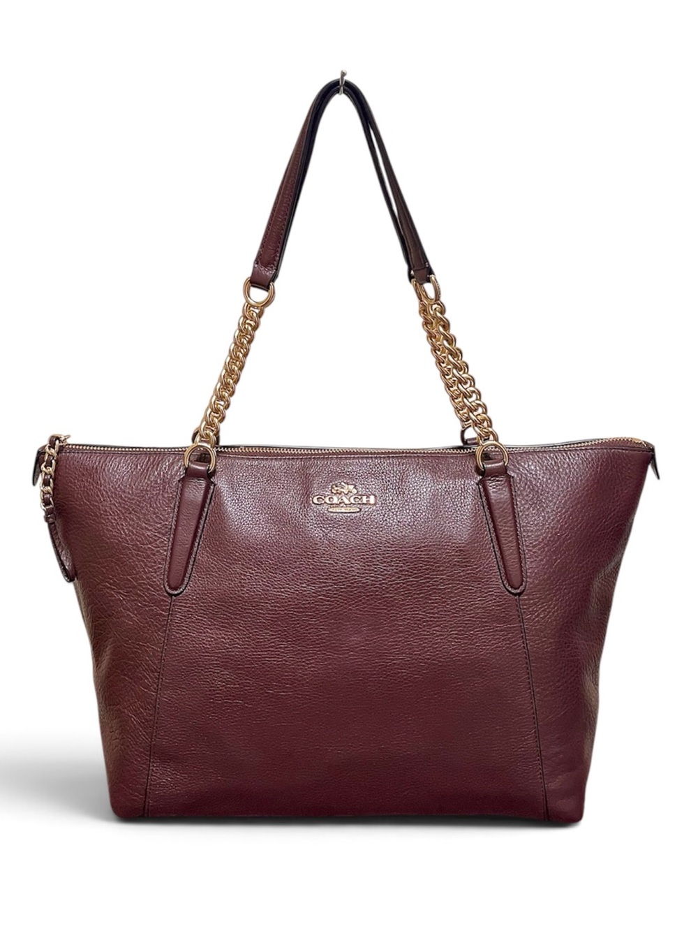 Like New Coach Ava Pebbled Leather Large Tote Bag Burgundy Brown Gold Chainm